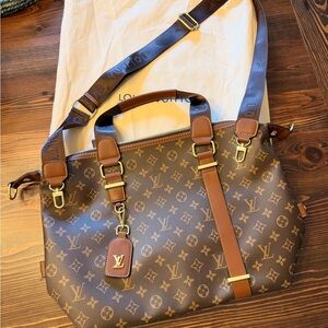 Faux Louis Vuitton Brown Monogram Satchel with Tan faux Leather Trim